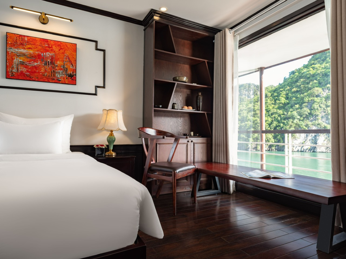 The bedroom on the cruise in Ha Long Bay is full and comfortable